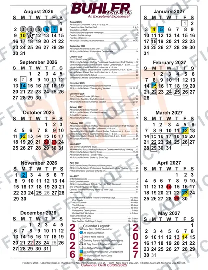 Buhler USD 313 2026-27 calendar