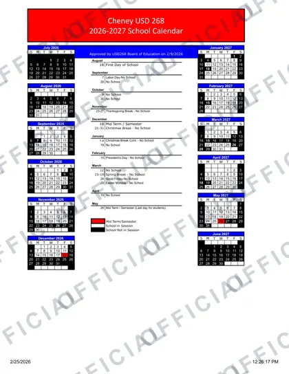 Cheney USD 268 2026-27 calendar