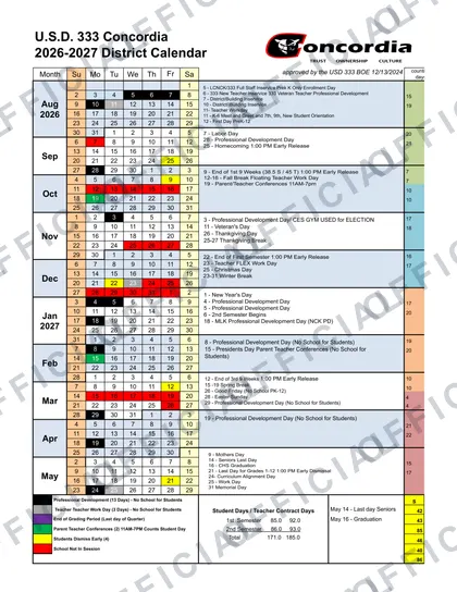 Concordia USD 333 2026-27 calendar