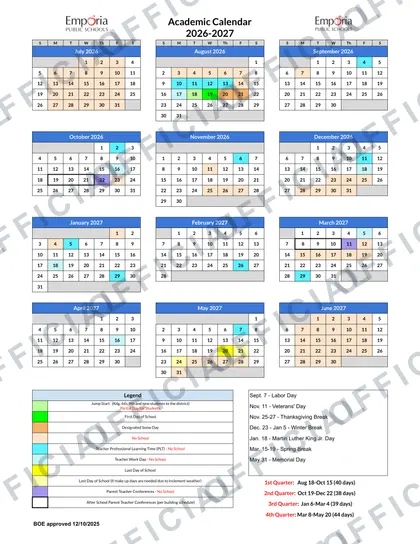 Emporia Public Schools 2026-27 calendar