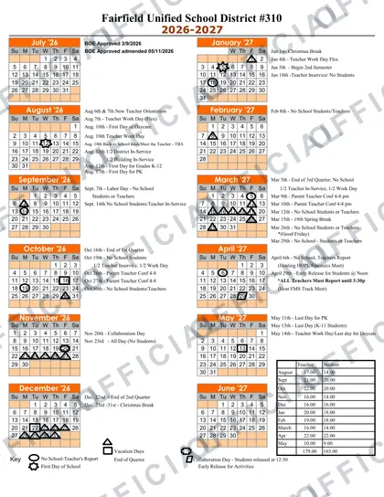 Fairfield Unified School District #310 2026-27 calendar