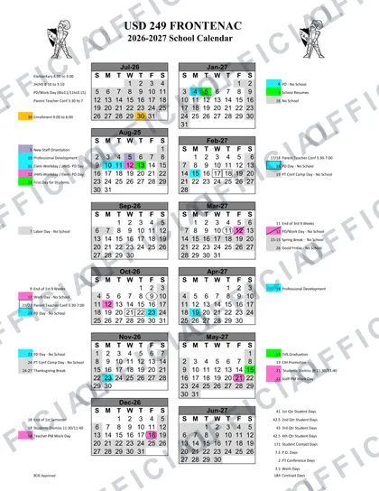 Frontenac USD 249 2026-27 calendar