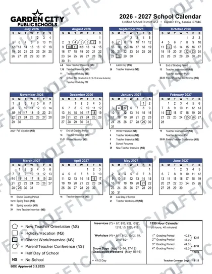 Garden City Public Schools 2026-27 calendar