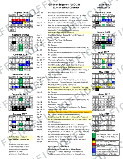 Gardner Edgerton USD 231 2026-27 calendar