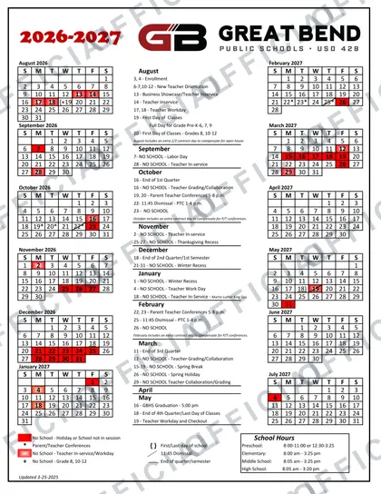 Great Bend Public Schools USD 428 2026-27 calendar