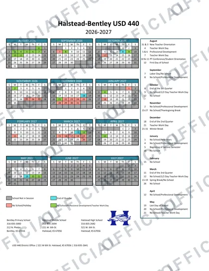 Halstead-Bentley USD 440 2026-27 calendar