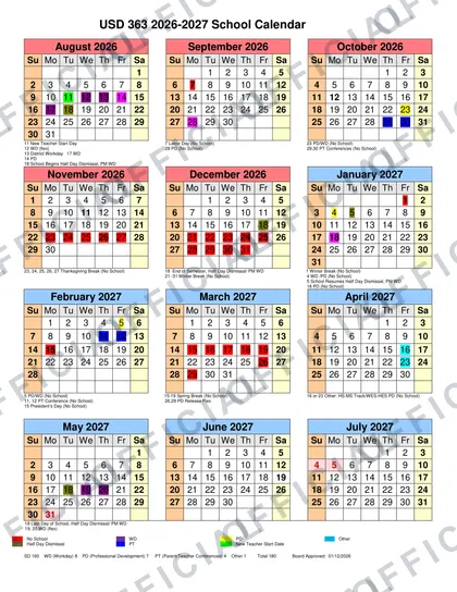 Holcomb USD 363 2026-27 calendar