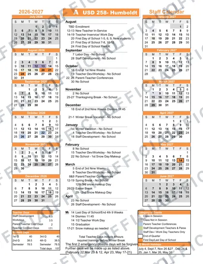 Humboldt USD 258 2026-27 calendar