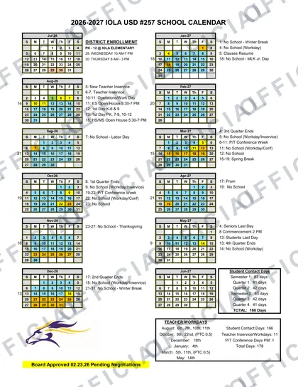 Iola USD 257 2026-27 calendar