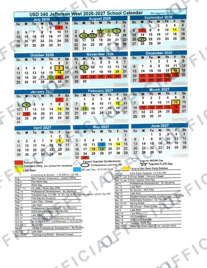 Jefferson West USD 340 2026-27 calendar