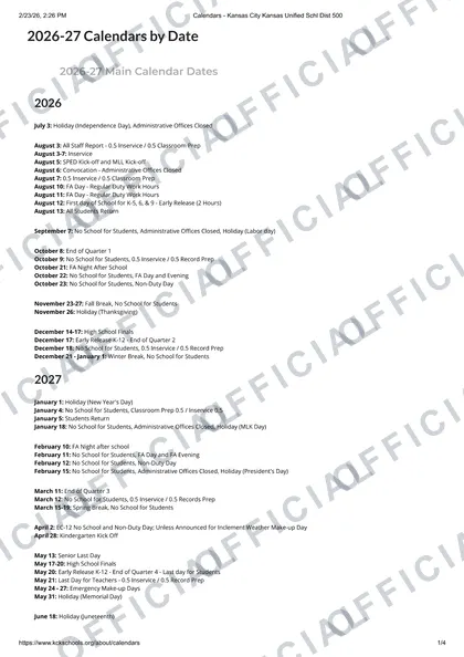 Kansas City Unified School District 500 2026-27 calendar