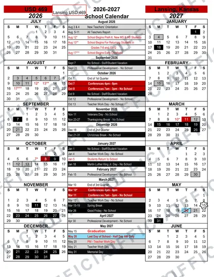 Lansing USD 469 2026-27 calendar