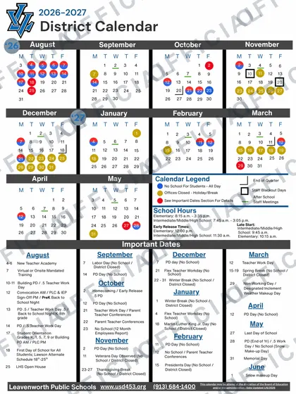 Leavenworth Public Schools 2026-27 calendar