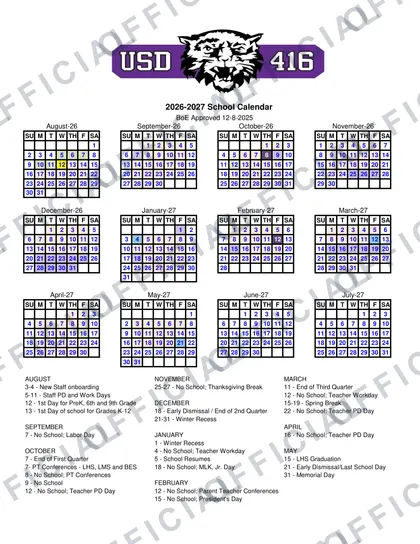Louisburg USD 416 2026-27 calendar