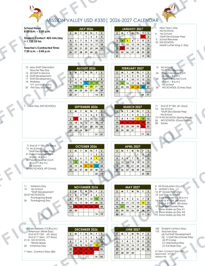 Mission Valley USD #330 2026-27 calendar