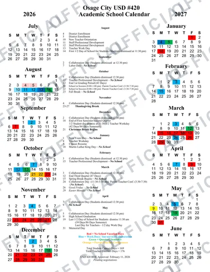 Osage City USD #420 2026-27 calendar
