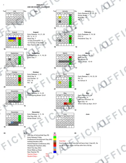 Ottawa Unified School District 290 2026-27 calendar