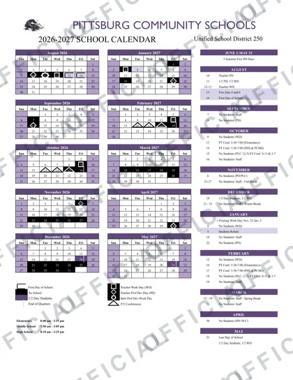 Pittsburg Community Schools USD 250 2026-27 calendar