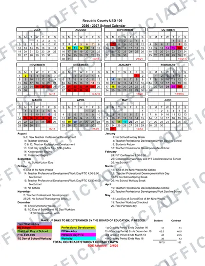 Republic County USD 109 2026-27 calendar
