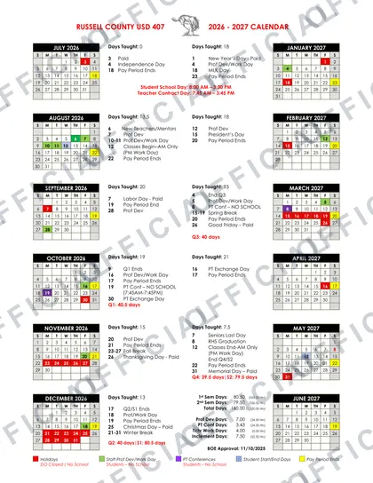 RUSSELL COUNTY USD 407 2026-27 calendar