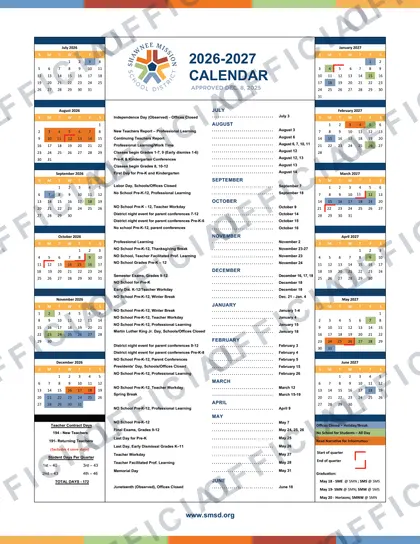 Shawnee Mission School District 2026-27 calendar