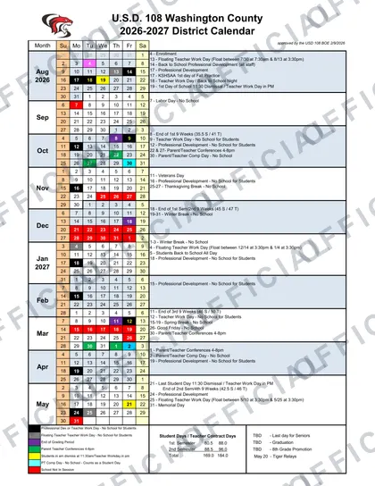 U.S.D. 108 Washington County 2026-27 calendar