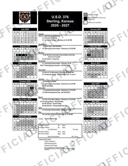 U.S.D. 376 Sterling, Kansas 2026-27 calendar
