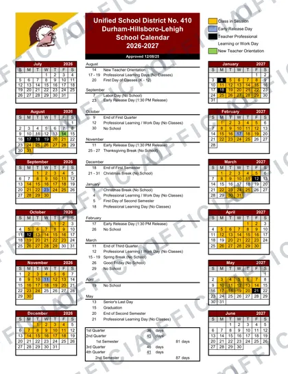 Unified School District No. 410 Durham-Hillsboro-Lehigh 2026-27 calendar