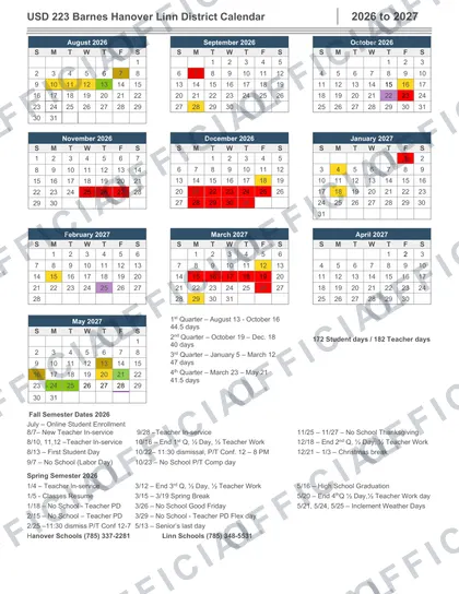 USD 223 Barnes Hanover Linn District 2026-27 calendar