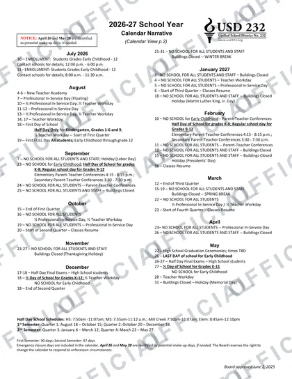 USD 232 Unified School District No. 232 2026-27 calendar