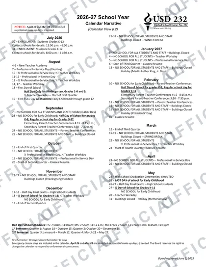 USD 232 Unified School District No. 232 2026-27 calendar