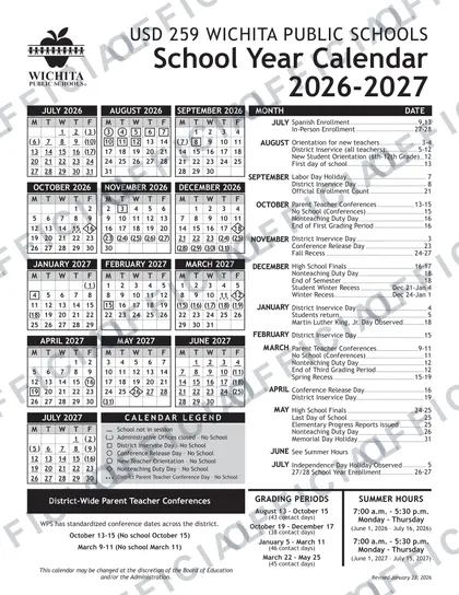USD 259 Wichita Public Schools 2026-27 calendar