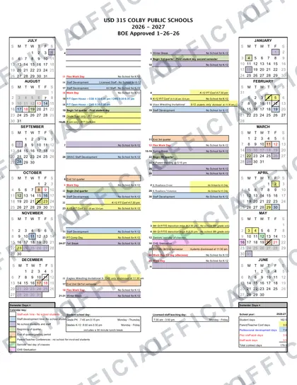 USD 315 COLBY PUBLIC SCHOOLS 2026-27 calendar
