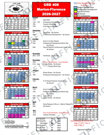 USD 408 Marion-Florence 2026-27 calendar