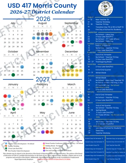 USD 417 Morris County 2026-27 calendar
