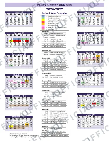 Valley Center USD 262 2026-27 calendar