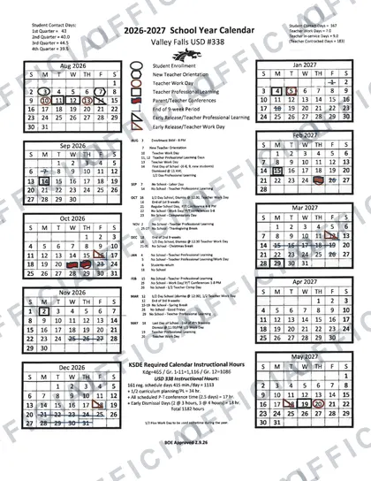 Valley Falls USD #338 2026-27 calendar
