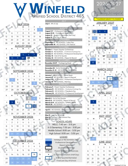 Winfield Unified School District 465 2026-27 calendar
