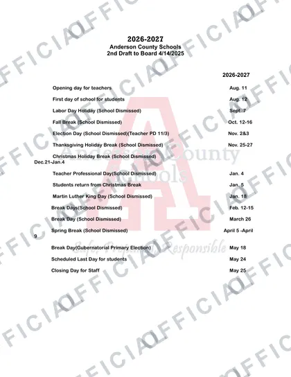 Anderson County ky Schools 2026-27 calendar
