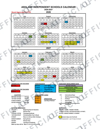 Ashland Independent Schools 2026-27 calendar