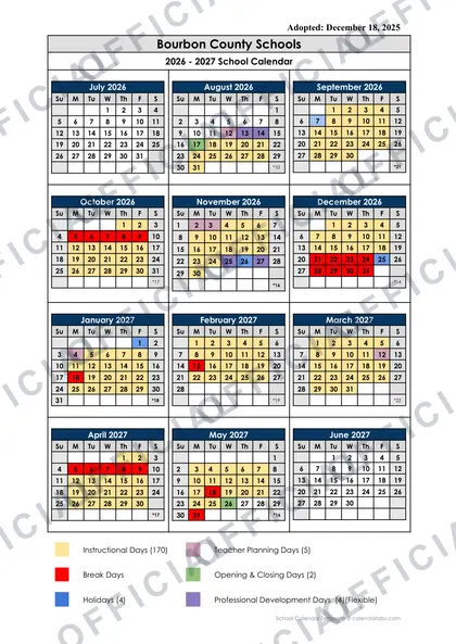 Bourbon County Schools 2026-27 calendar