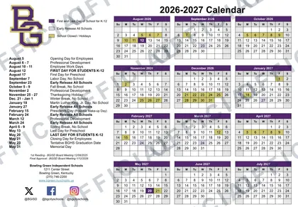 Bowling Green Independent Schools 2026-27 calendar