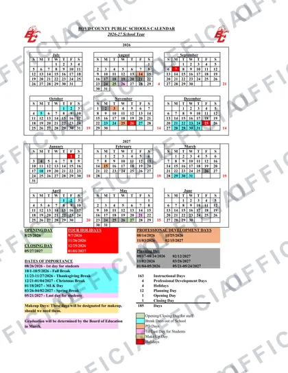 Boyd County Public Schools 2026-27 calendar