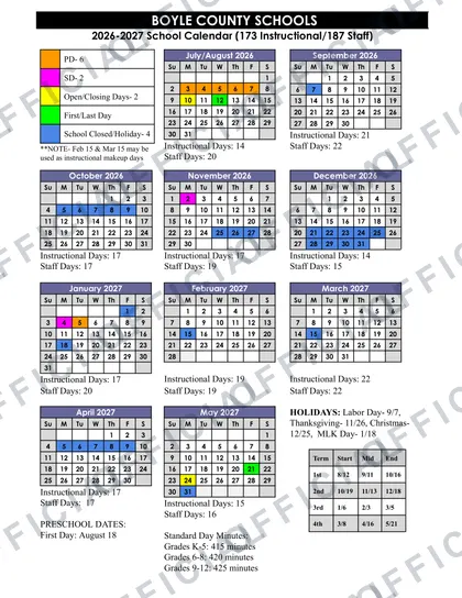 Calloway County School 2026-27 calendar