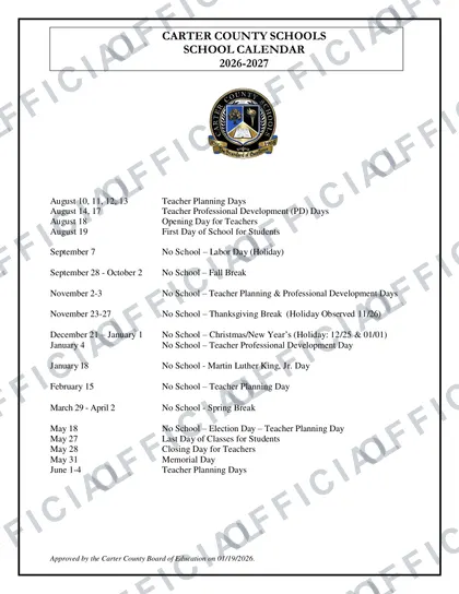 Carter County Schools District 2026-27 calendar