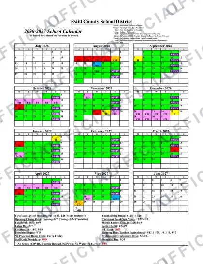 Estill County School District 2026-27 calendar