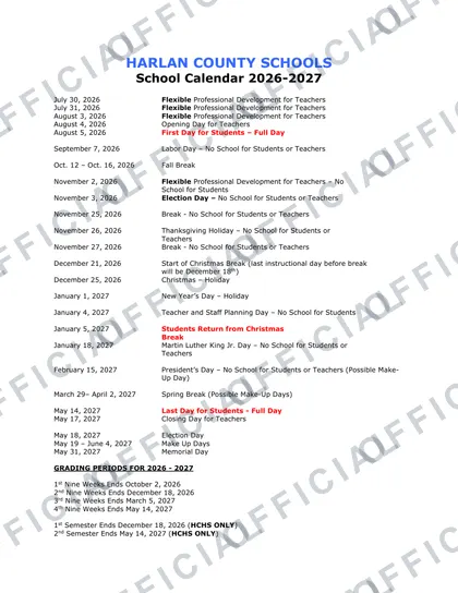 HARLAN COUNTY SCHOOLS 2026-27 calendar