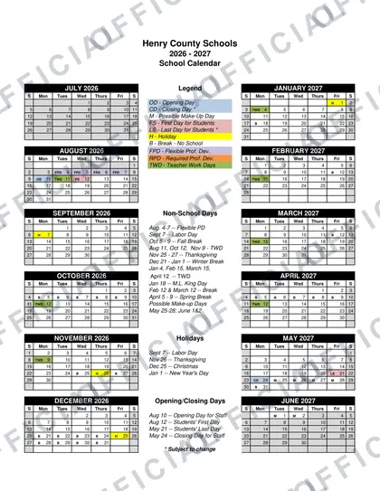Henry County Schools 2026-27 calendar