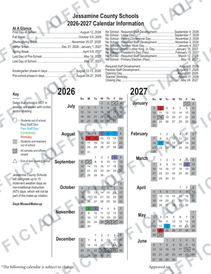 Jessamine County Schools 2026-27 calendar