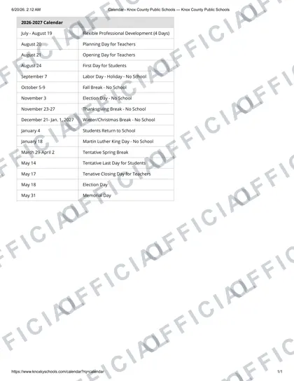 Knox County Public Schools 2026-27 calendar